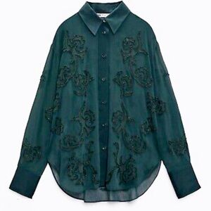 Zara Green Embroidered Appliqué Sequin Sheer Long Sleeve Button Down Blouse